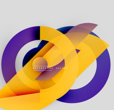 Soyut, enerjik, çakışan daireler. Sarı, mor renkler dinamik görsel efekt yaratır. Arka planlar için modern tasarım ögesi.