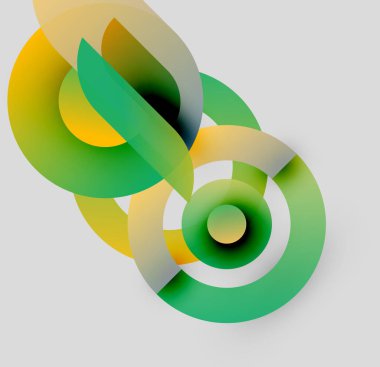 Soyut tasarım katmanlı daireler, akışkan şekiller. Sarılar, yeşiller dinamik görsel etki yaratır. Modern, minimalist estetik.
