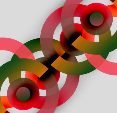 Soyut tasarım özellikleri üst üste binen renkli daireler. Kırmızı, yeşil, turuncu renkler dinamik görsel akış yaratır. Minimalist kompozisyon, modern estetik.