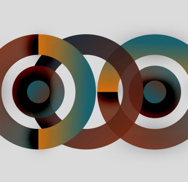 Üst üste binen daireler içeren soyut kompozisyon. Renkler karışıp derinlik yaratıyor. Minimalist tasarım, modern estetik, nötr arkaplan.