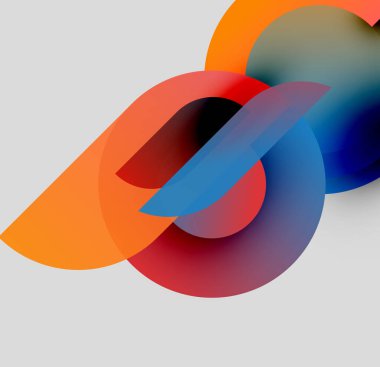 Soyut şekiller örtüşür, canlı renk karışımları yaratır. Yumuşak eğimler biçimleri tanımlar, hareket ve derinliği belirtir. Minimalist tasarım, modern estetik.