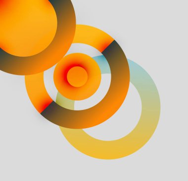Üst üste binen daireler, canlı turuncu renkler, ince gradyanlar, minimalist tasarım içeren soyut kompozisyon. Yumuşak gölgeler derinlik yaratır.