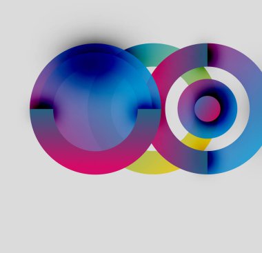 Soyut renkli çemberler çakışıyor, canlı gradyanlar yaratıyor. Modern tasarım, pürüzsüz geçişler, görsel uyum mevcut..