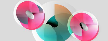 Soyut tasarım özellikleri üst üste binen dairesel şekiller. Pembe, deniz mavisi, gri renkler modern görsel efektler yaratır. Minimalist kompozisyon, temiz çizgiler.