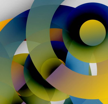 Soyut kompozisyon. Üst üste binen daireler, canlı renkler, dinamik şekiller modern görsel deneyimler yaratır. Karmaşık etkileşim ışığı, gölge.