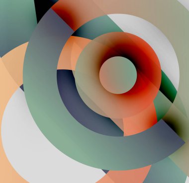 Soyut eşmerkezli daireler, sessiz renkler, üst üste binen şekiller. Modern tasarım, geometrik desenler, görsel uyum.