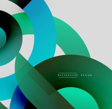 Soyut çemberler çakışıyor, dinamik eğimler yaratıyor. Teal, yeşil, koyu gölgeler nötr arka plana hakim. Modern tasarım ögesi.