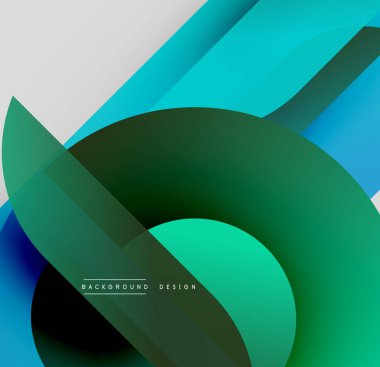 Soyut geometrik şekiller örtüşüyor, canlı deniz mavisi ve yeşil eğimler yaratıyor. Modern tasarım derinlik, hareket, görsel ilgi.