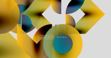 Soyut geometrik şekiller örtüşüyor, canlı renk eğimleri yaratıyor. Sarılar, yeşiller, maviler kompozisyona hakim. Modern tasarım ögesi.
