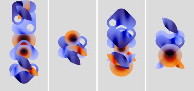 Soyut sanat eserlerinde dört panel var. Yumuşak eğimler, mavi, turuncu renkler akışkan şekiller yaratır. Minimalist tasarım, modern estetik.