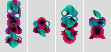 Soyut şekiller örtüşüyor, renkli gradyanlar yaratıyor. Teal, mor, mor renkler kompozisyona hakim. Minimalist tasarım, modern estetik.