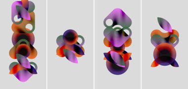 Üst üste binen renkli şekiller içeren soyut bir kompozisyon. Gradyan renkler dört panel boyunca dinamik görsel ilgi yaratır.