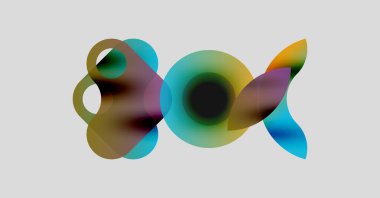 Soyut renkli şekiller çakışıyor ve sıvı formlar yaratıyor. Yumuşak gradyanlar renkleri harmanlıyor, dinamik hareketleri çağrıştırıyor, ışık etkileşimi. Minimalist tasarım.