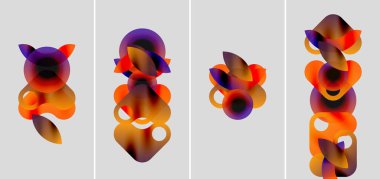 Soyut sanat eserleri. Dört panel üst üste binen renkli şekilleri gösteriyor. Renkler turuncudan mora doğru değişiyor. Minimalist tasarım, modern estetik.