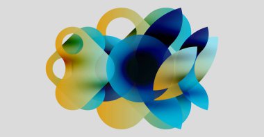 Üstüste binen şeffaf şekilleri içeren soyut bileşim. Renkler arasında maviler, sarılar, yeşiller dinamik görsel efekt yaratır. Modern tasarım.