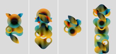 Soyut renkli şekiller örtüşür, dinamik kompozisyonlar oluşturur. Gradyan renkler karışır, sıvı görsel desenler oluşturur. Dört panel varyasyonları gösterir.