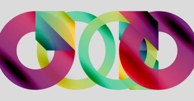 Soyut renkli döngüler çakışıyor, dinamik görsel efekt yaratıyor. Parlak renkler harmanlanarak modern sanatsal kompozisyon oluşturur..