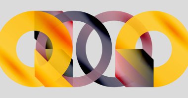 Üst üste binen daireler içeren soyut kompozisyon. Sıcak sarılar, serin gri renkler dinamik görsel etkileşim yaratır. Modern tasarım, basit şekiller..