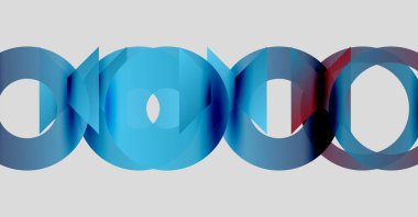 Soyut halkalar örtüşüyor, bulanık mavi gradyanlar yaratıyor. Minimalist tasarım, modern estetik, basit kompozisyon. Temiz çizgiler, yumuşak gölgeler.