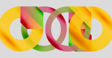Soyut tasarım özellikleri üst üste binen renkli halkalar. Sarı, yeşil, pembe renkler harmanlanarak dinamik görsel efekt yaratır. Modern, basit kompozisyon.