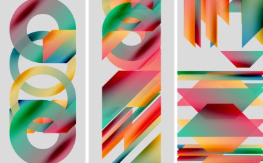 Soyut renkli şekiller, geometrik desenler, modern tasarım. Üç panel üst üste binen canlı gradyanlar sunar. Minimalist estetik.