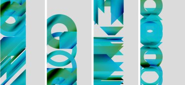 Soyut geometrik şekiller, deniz mavisi renkleri baskın gelir. Dikey paneller katmanlı tasarımlar sergiliyor ve modern sanat izlenimi yaratıyor. Minimalist kompozisyon.