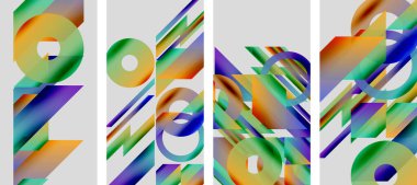 Soyut geometrik çizimler. Canlı gradyanlar, üst üste binen şekiller dinamik bileşim oluşturur. Modern tasarım, renkli paneller.