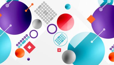 Renkli daireler, kareler, noktalar içeren soyut bir kompozisyon. Gradyanlı modern tasarım, üst üste binen şekiller, dinamik görsel elementler.