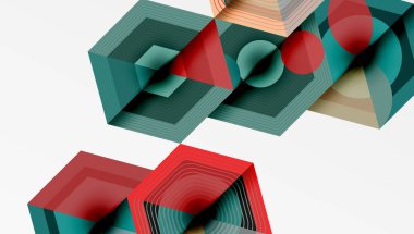 Soyut geometrik bileşim. Altıgen şekiller üst üste binerek katmanlı illüzyon yaratır. Kırmızı, deniz mavisi, bej renkleri tasarımda baskın. Minimalist stil.