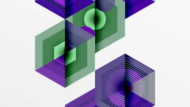 Soyut geometrik bileşim. Mor, yeşil çizgiler katmanlı altıgen formlar oluşturur. Minimalist tasarım, modern estetik.