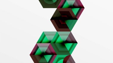 Soyut geometrik tasarım. Altıgen şekiller birbirine kenetlenerek katmanlı bir yapı oluşturur. Yeşil, mor renkler kompozisyona hakim. Minimalist estetik.