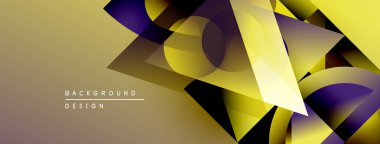Soyut geometrik şekiller örtüşür, dinamik görsel efekt yaratır. Sarı ve mor renkler arkaplandaki değişimlere baskın. Modern tasarım ögesi.