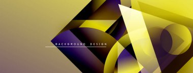 Soyut geometrik şekiller örtüşür, dinamik görsel efekt yaratır. Sarı, mor, bej arkaplanla harmanlanmış. Modern tasarım ögesi.