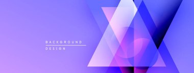 Soyut geometrik şekiller örtüşür, canlı mor gradyan arkaplan oluşturur. Modern tasarım elementleri teknoloji ve yenilik öneriyor.