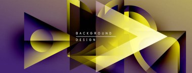 Soyut geometrik şekiller, mor, sarı gradyanlar dinamik arkaplan oluşturur. Modern tasarım elementleri yenilik ve teknoloji öneriyor.