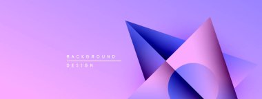 Soyut geometrik şekiller örtüşür, canlı mor gradyan arkaplan oluşturur. Modern tasarım elementleri yenilik ve teknoloji öneriyor.