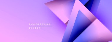 Soyut geometrik şekiller örtüşür, canlı mor gradyan arkaplan oluşturur. Modern tasarım elementleri derinlik, doku, görsel ilgi.