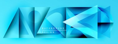 Soyut geometrik şekiller, canlı mavi renkler, modern tasarım elementleri. Arkaplan özellikleri katmanlı üçgenler, dinamik görsel doku oluşturur.
