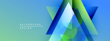 Soyut geometrik şekiller örtüşür, parlak mavi, yeşil eğimler yaratır. Arkaplan tasarımı temiz çizgiler, modern estetik.