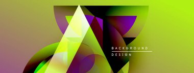 Soyut geometrik şekiller örtüşüyor, canlı renk eğimleri yaratıyor. Sarı, mor, yeşil baskın tasarım. Modern estetik.