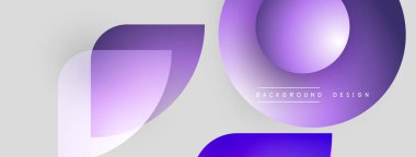 Soyut şekiller örtüşür, değişim etkisi yaratır. Mor renkler açık gri arkaplana hakim. Modern tasarım elemanları.
