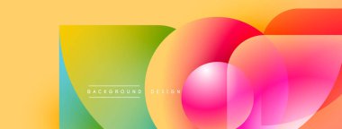 Soyut, enerjik bir arkaplan. Üst üste binen renkli daireler, gradyanlar, geometrik şekiller modern tasarım yaratır. Metin arkaplan tasarımı okur.