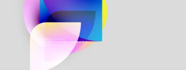 Soyut geometrik şekiller örtüşüyor, canlı renk eğimleri yaratıyor. Açık gri arkaplan karşıtlık sağlar. Minimalist tasarım, modern estetik.