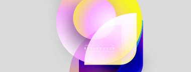 Soyut şekiller örtüşüyor, canlı renk değişimleri yaratıyor. Yumuşak pembeler, sarılar, maviler açık gri arkaplana karışıyor. Modern tasarım ögesi.