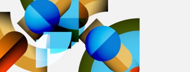 Soyut bileşim renkli geometrik şekiller, küreler, dikdörtgenler içerir. Eğilimli modern tasarım, üst üste binen formlar, temiz estetik.
