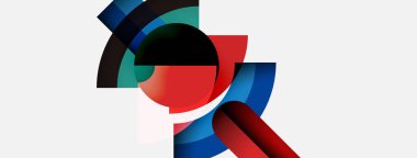 Soyut bileşim, üst üste binen renkli kavisler içerir. Kırmızı, mavi, yeşil renkler beyaz arkaplana hükmediyor. Modern tasarım elemanları.