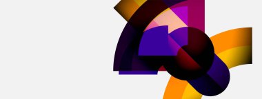 Soyut şekiller örtüşür, canlı renk karışımları yaratır. Mor, turuncu renkler beyaz arkaplana hakim. Modern tasarım ögesi.