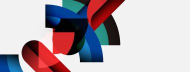 Soyut şekiller örtüşür, dinamik bileşim yaratır. Kırmızı, mavi, yeşil renkler beyaz arkaplana hükmediyor. Modern tasarım elemanları.