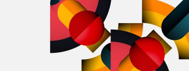 Soyut geometrik bileşim. Üst üste binen şekiller, canlı renkler, modern tasarım. Kırmızı daireler turuncu ve deniz mavisi renkleriyle dengelenmiş..