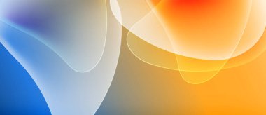 Soyut sıvı şekiller harmanlanarak canlı turuncu, mavi, beyaz gradyanlar oluşturur. Yumuşak kıvrımlar hareketi, enerjiyi, modern tasarımı gösterir.